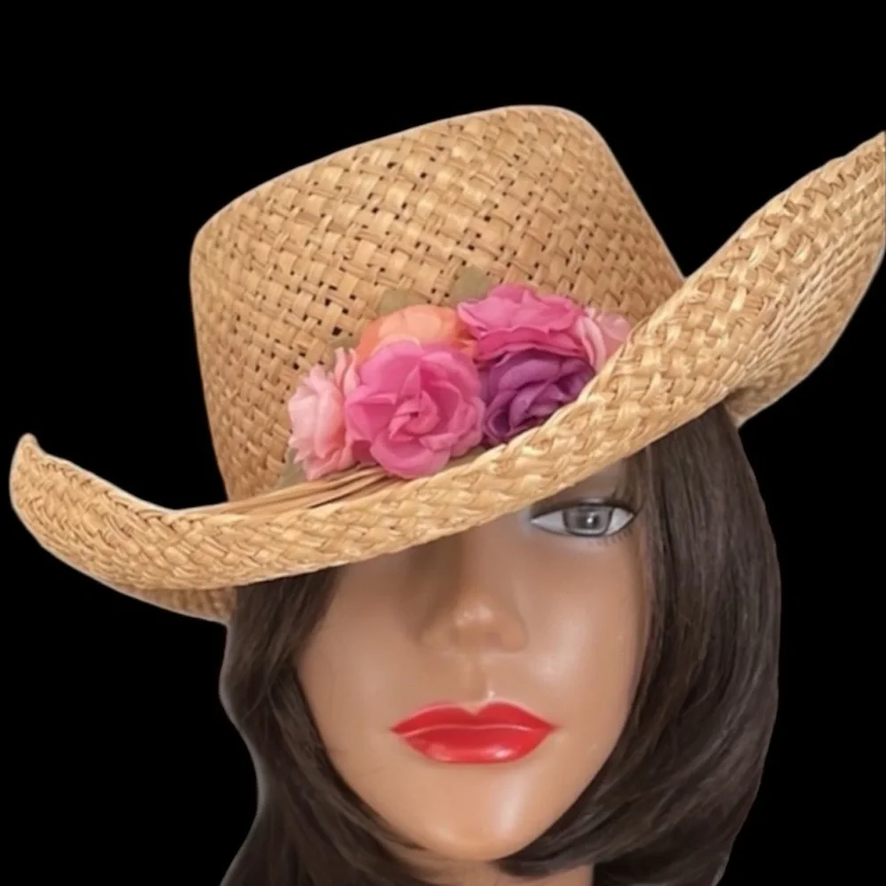 Natural Straw Western Brim Hat with Flowers